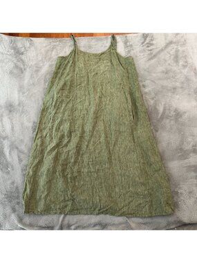 Eileen Fisher 100% Organic Linen Green Maxi Dress XL Strappy Pockets Sundress